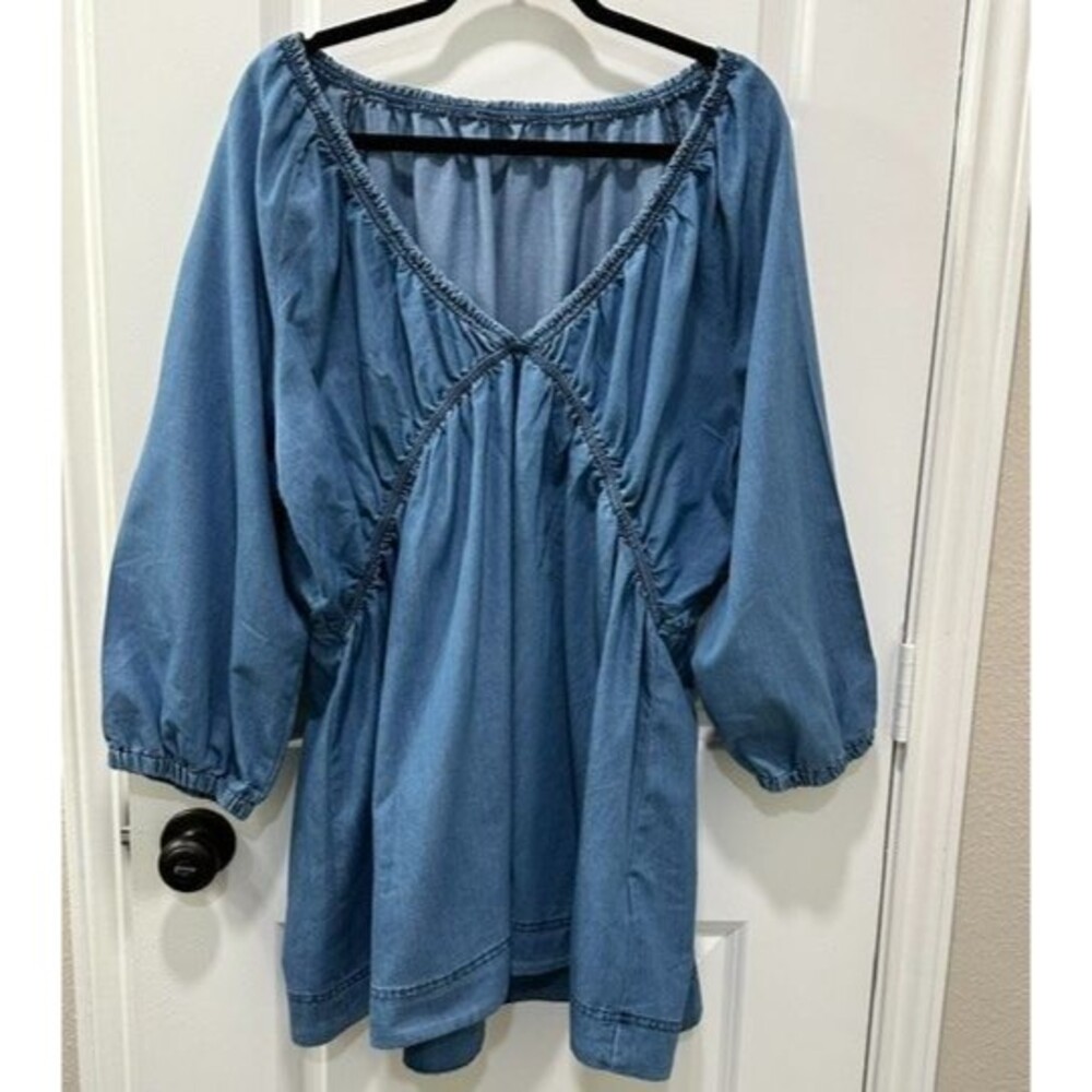 NWT Forever 21 Women's 2XL Chambray Denim Babydoll Dress Off Shoulder Boho Plus